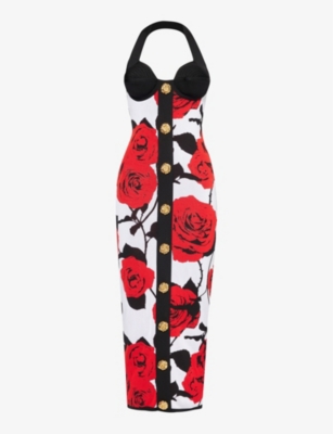 BALMAIN: Rose-print button-embellished midi dress