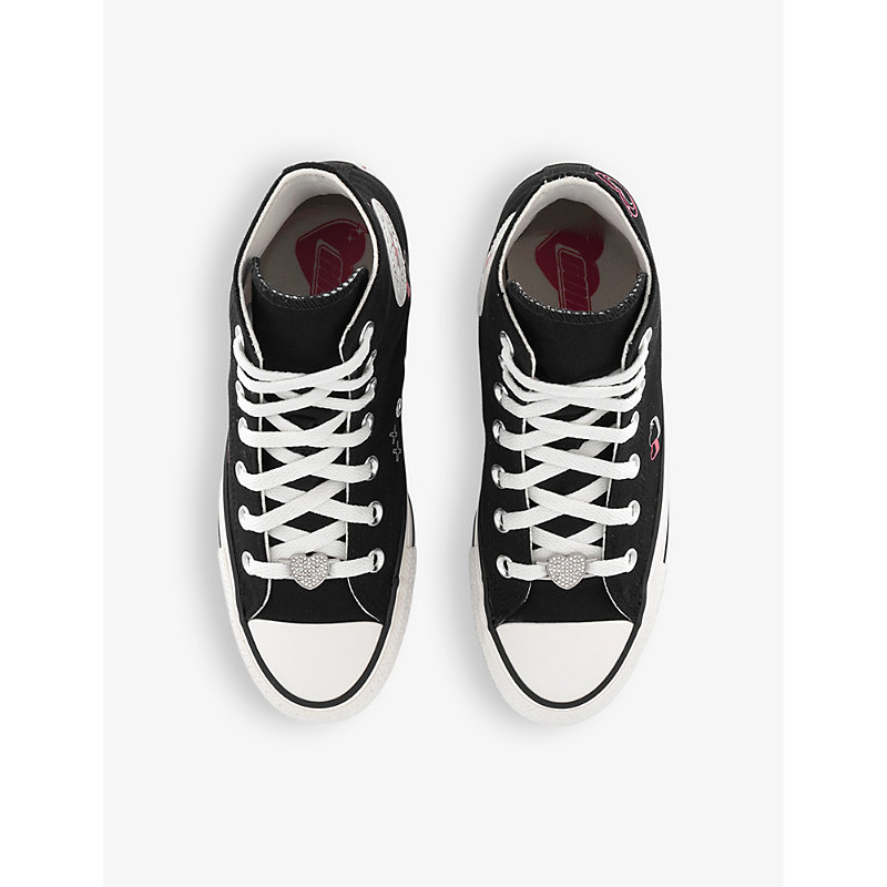 Shop Converse All Star Hi Heart-embellished Canvas High-top Trainers In Black Vintage White