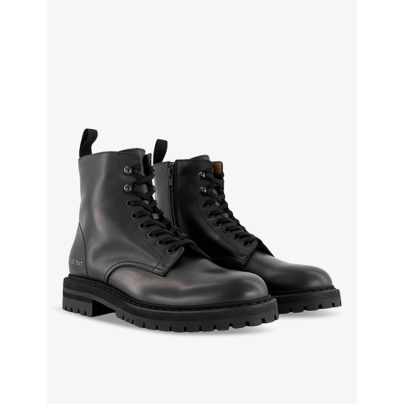 Shop Common Projects Mens Black Leather Combat Number-print Leather Ankle Boots
