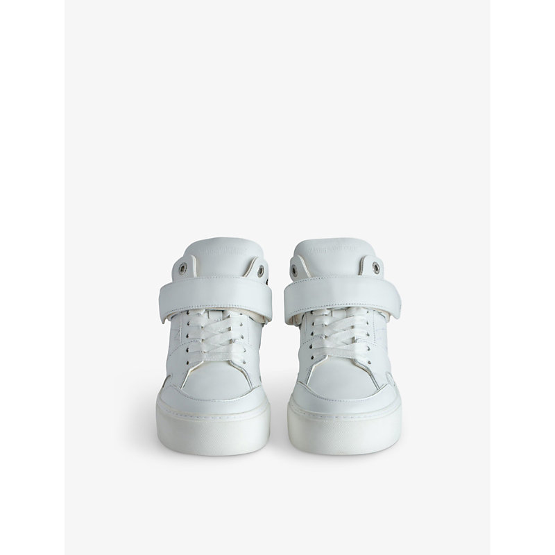Shop Zadig & Voltaire Zadig&voltaire Women's Blanc Flash Logo-embroidered Leather Mid-sole Trainers