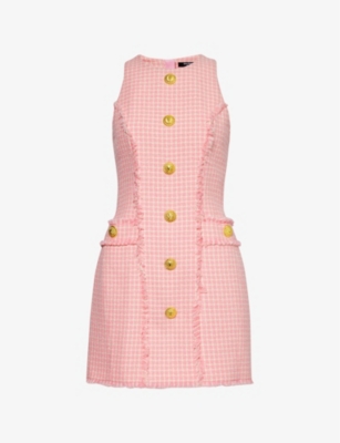 BALMAIN: Button-embellished checked cotton-blend mini dress