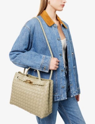 Bottega Veneta Womens Trave-m Brass-trave Andiamo Medium Leather Top-handle Bag In Trave-m Brass-trave