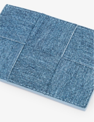 Shop Bottega Veneta Blue Me/blu Me/ice-g Intrecciato-woven Denim-print Leather Card Holder