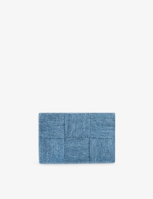 Shop Bottega Veneta Blue Me/blu Me/ice-g Intrecciato-woven Denim-print Leather Card Holder