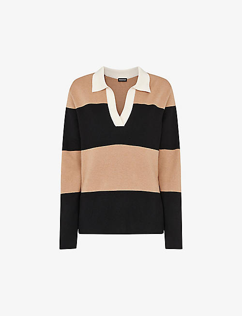 WHISTLES: V-neck striped cotton-blend knitted shirt