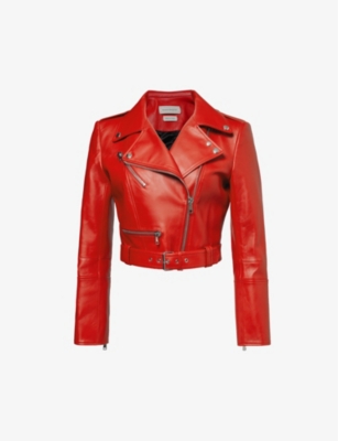 Shop Alexander Mcqueen Women's Welsh Red Notched-collar Cropped Leather Jacket