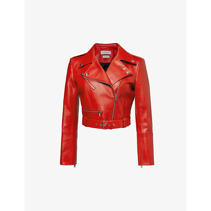 Shop Alexander Mcqueen Womens Welsh Red Notched-collar Cropped Leather Jacket
