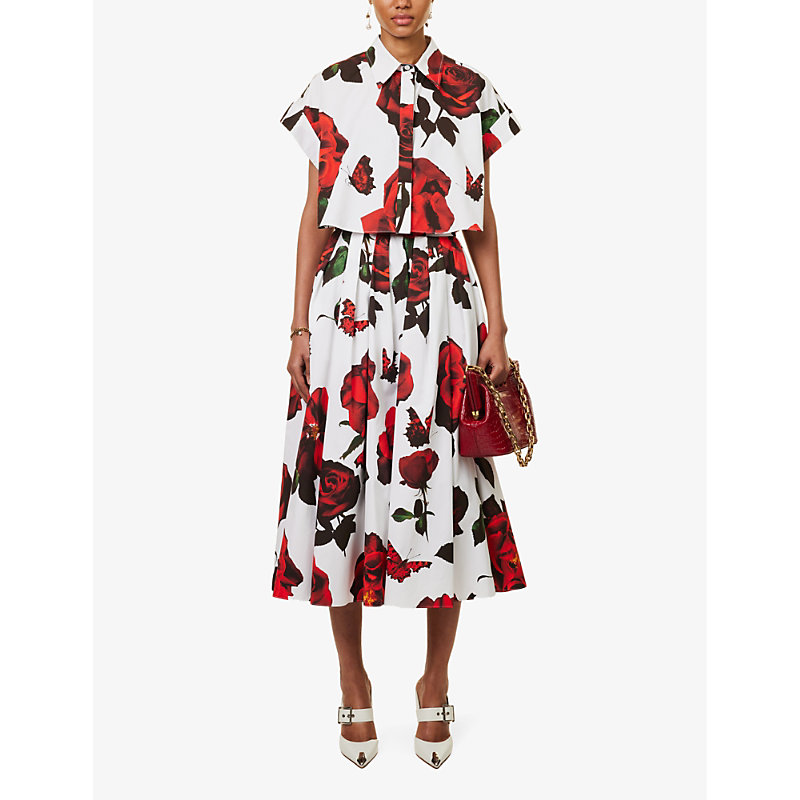Shop Alexander Mcqueen Floral-pattern Cotton-poplin Midi Skirt In Opticalwhite