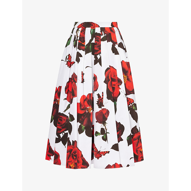 Shop Alexander Mcqueen Floral-pattern Cotton-poplin Midi Skirt In Opticalwhite