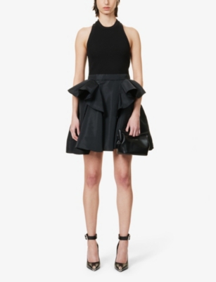 Shop Alexander Mcqueen Women's Black Voluminous-skirt Peplum-panel Cotton-blend Mini Dress