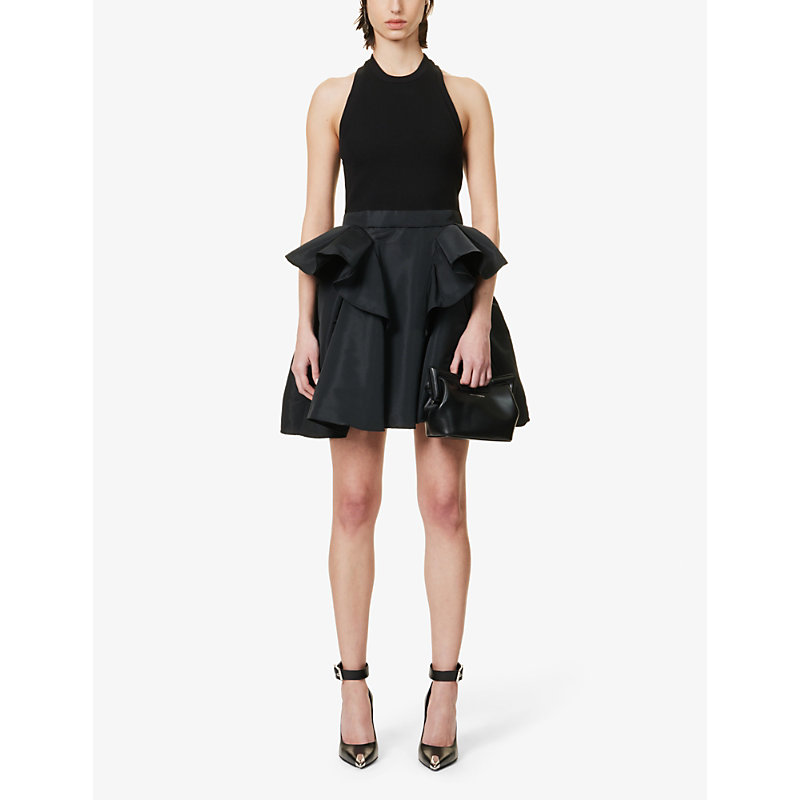 Shop Alexander Mcqueen Voluminous-skirt Peplum-panel Cotton-blend Mini Dress In Black