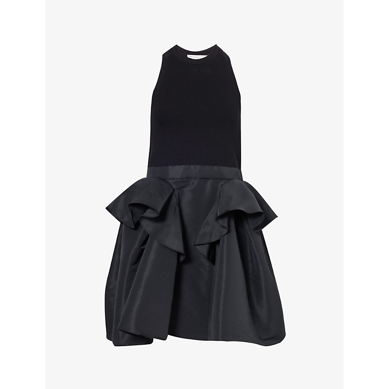 Shop Alexander Mcqueen Voluminous-skirt Peplum-panel Cotton-blend Mini Dress In Black
