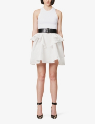 Shop Alexander Mcqueen Women's Opticalwhite Voluminous-skirt Stretch-cotton Mini Dress