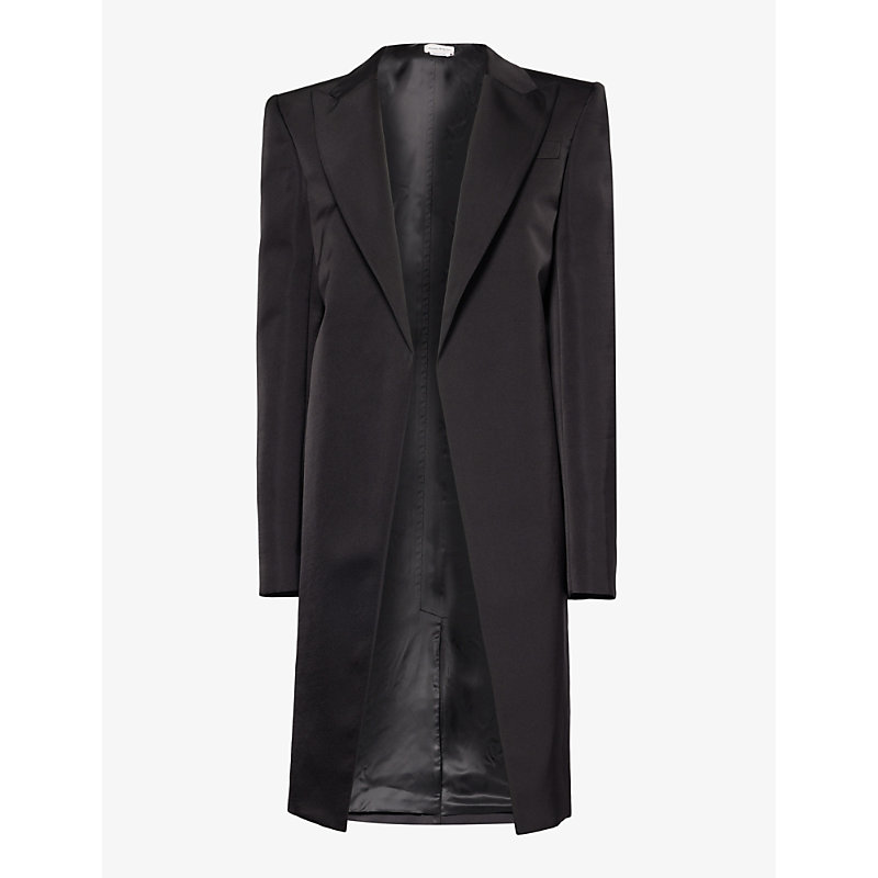 Shop Alexander Mcqueen Women's Black Peak-lapel Welt-pocket Regular-fit Silk Coat