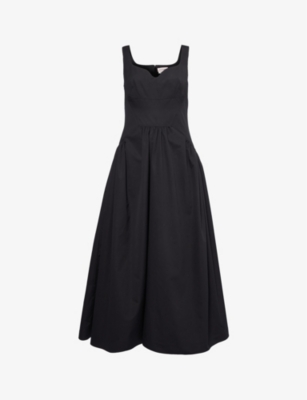 Shop Alexander Mcqueen Women's Black Sweetheart-neck Gathered-waist Cotton Midi Dress