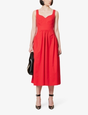Shop Alexander Mcqueen Women's Lust Red Sweetheart-neck Gathered-waist Cotton Midi Dress
