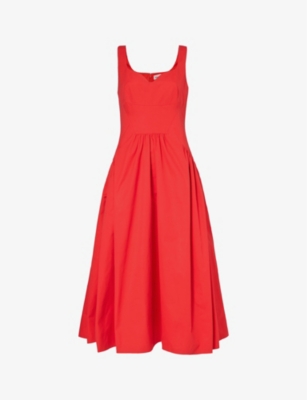 Shop Alexander Mcqueen Women's Lust Red Sweetheart-neck Gathered-waist Cotton Midi Dress