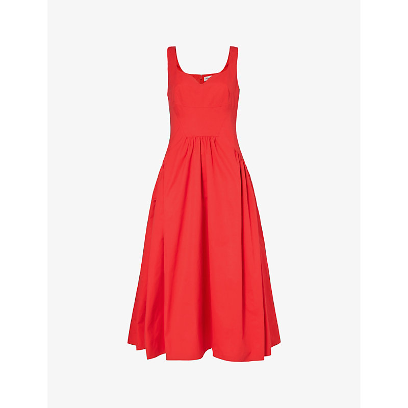 Shop Alexander Mcqueen Sweetheart-neck Gathered-waist Cotton Midi Dress In Lust Red