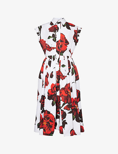 ALEXANDER MCQUEEN: Floral-pattern cotton-poplin midi dress