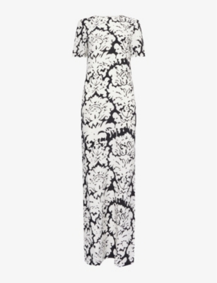 Shop Alexander Mcqueen Floral-print Round-neck Silk Maxi Dress In Black Ivory