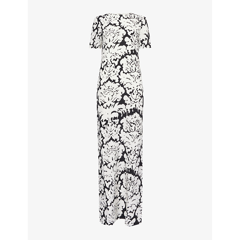 Shop Alexander Mcqueen Women's Black Ivory Floral-print Round-neck Silk Maxi Dress