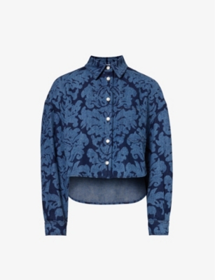 Alexander Mcqueen Womens Dark Cold Wash Floral-pattern Relaxed-fit Denim Shirt