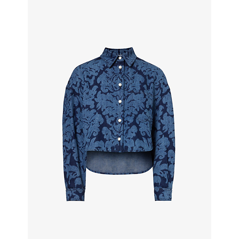 Alexander Mcqueen Womens Dark Cold Wash Floral-pattern Relaxed-fit Denim Shirt