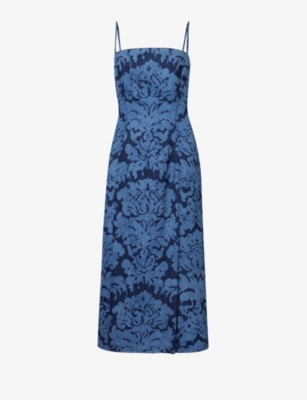 Damask-pattern straight-neck denim midi dress