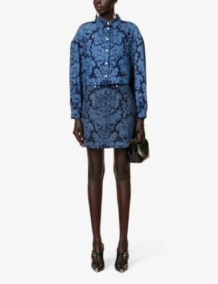 Shop Alexander Mcqueen Women's Dark Cold Wash Graphic-pattern A-line Denim Mini Skirt