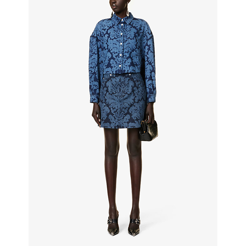 Shop Alexander Mcqueen Women's Dark Cold Wash Graphic-pattern A-line Denim Mini Skirt