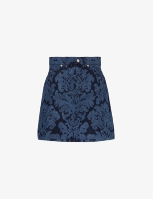 Alexander Mcqueen Womens Dark Cold Wash Graphic-pattern A-line Denim Mini Skirt