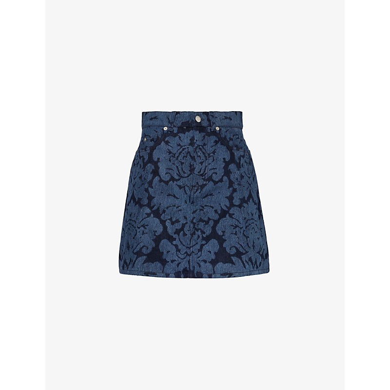 Alexander Mcqueen Womens Dark Cold Wash Graphic-pattern A-line Denim Mini Skirt
