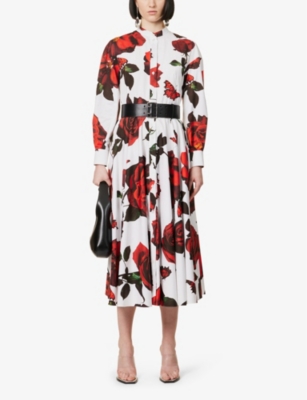 Shop Alexander Mcqueen Womens Opticalwhite Floral-pattern Cotton-poplin Midi Dress