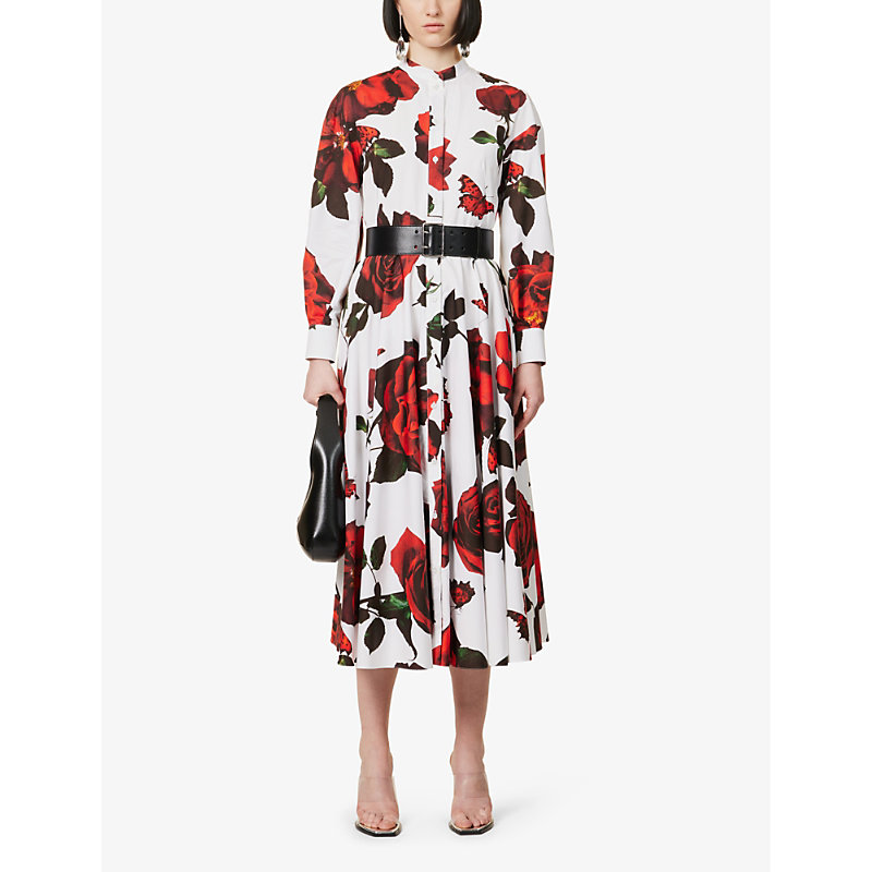 Shop Alexander Mcqueen Women's Opticalwhite Floral-pattern Cotton-poplin Midi Dress