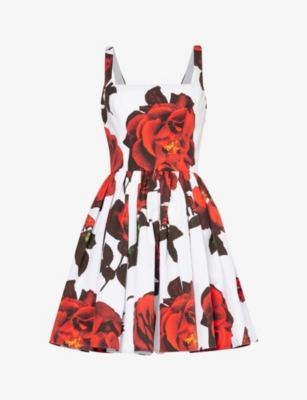 Alexander Mcqueen Womens Opticalwhite Floral-pattern Gathered Cotton-poplin Mini Dress