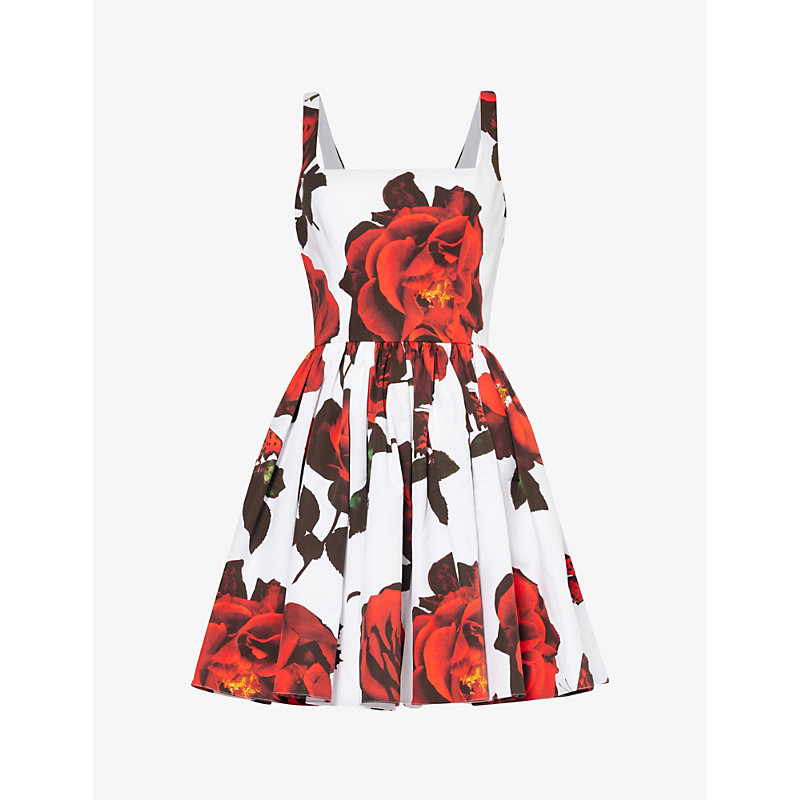 Alexander Mcqueen Womens Opticalwhite Floral-pattern Gathered Cotton-poplin Mini Dress