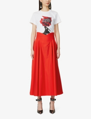 Shop Alexander Mcqueen Women's Lust Red High-rise Flared-skirt Cotton Midi Skirt
