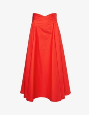 Shop Alexander Mcqueen Women's Lust Red High-rise Flared-skirt Cotton Midi Skirt