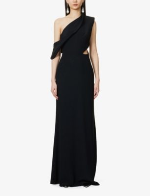 Shop Alexander Mcqueen Women's Black Asymmetric-neck Padded-shoulder Silk Maxi Dress