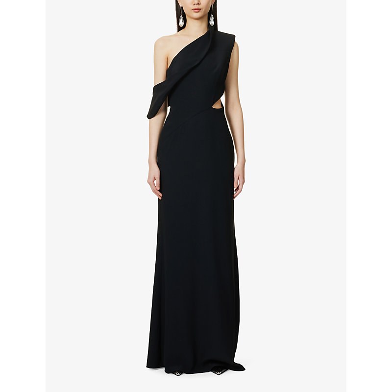 Shop Alexander Mcqueen Women's Black Asymmetric-neck Padded-shoulder Silk Maxi Dress