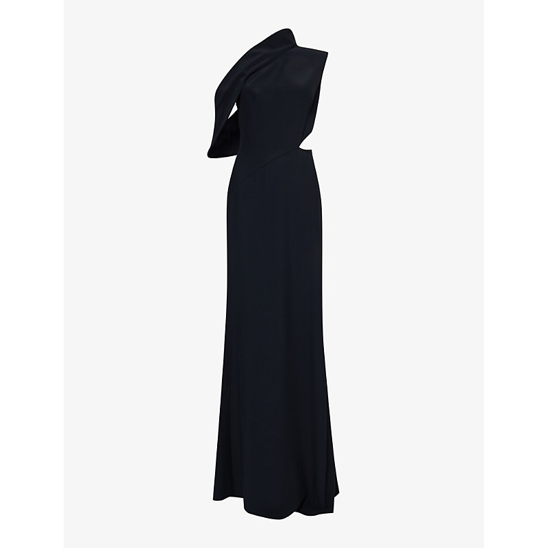 Alexander Mcqueen Womens Black Asymmetric-neck Padded-shoulder Silk Maxi Dress