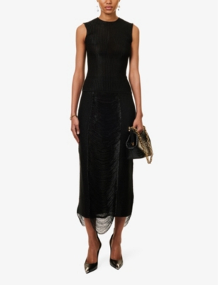 Shop Alexander Mcqueen Women's Black Fringe-trim Textured High-rise Woven Midi Skirt