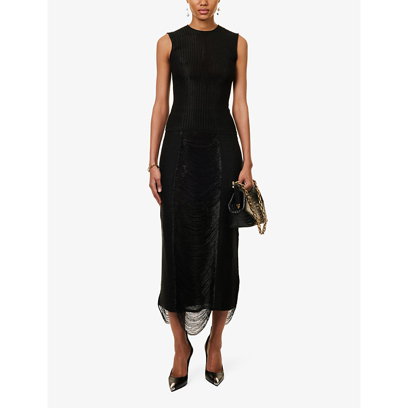 Shop Alexander Mcqueen Womens Black Fringe-trim Textured High-rise Woven Midi Skirt