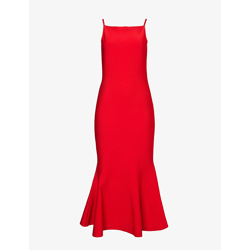Shop Alexander Mcqueen Womens Lust Red Straight-neck Flared-hem Stretch-knit Midi Dress