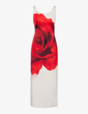 Shop Alexander Mcqueen Women's Opticalwhite Graphic-pattern Split-hem Silk Midi Dress
