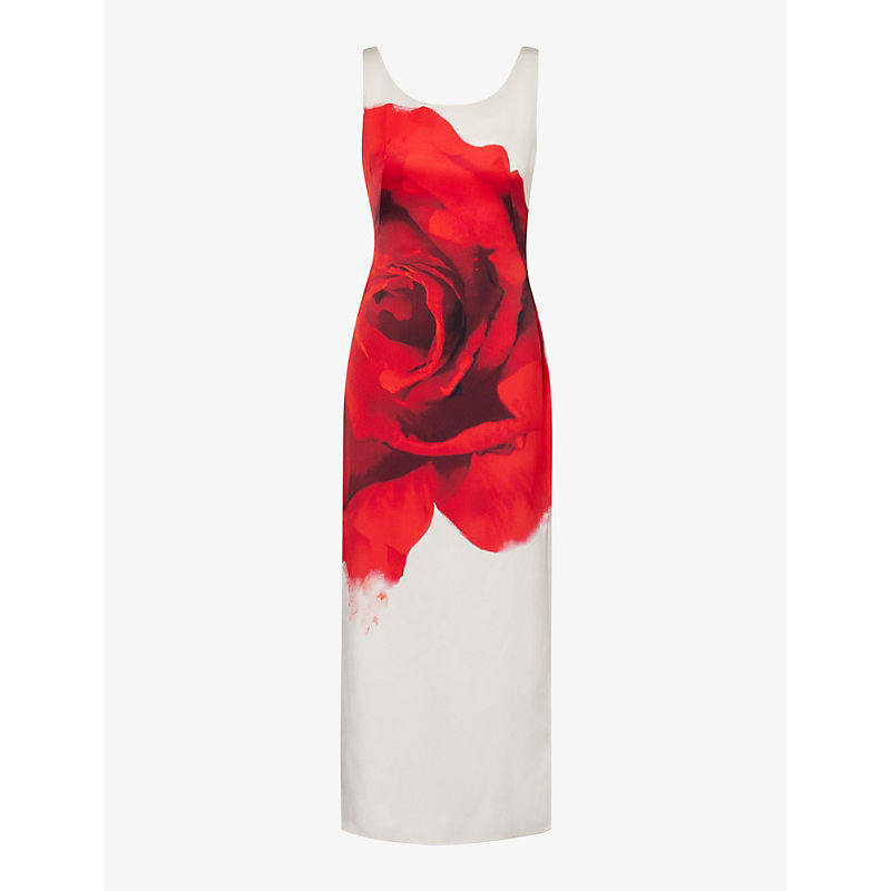 Alexander Mcqueen Womens Opticalwhite Graphic-pattern Split-hem Silk Midi Dress