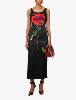 Shop Alexander Mcqueen Women's Black Rose Scoop-neck Silk-satin Midi Dress