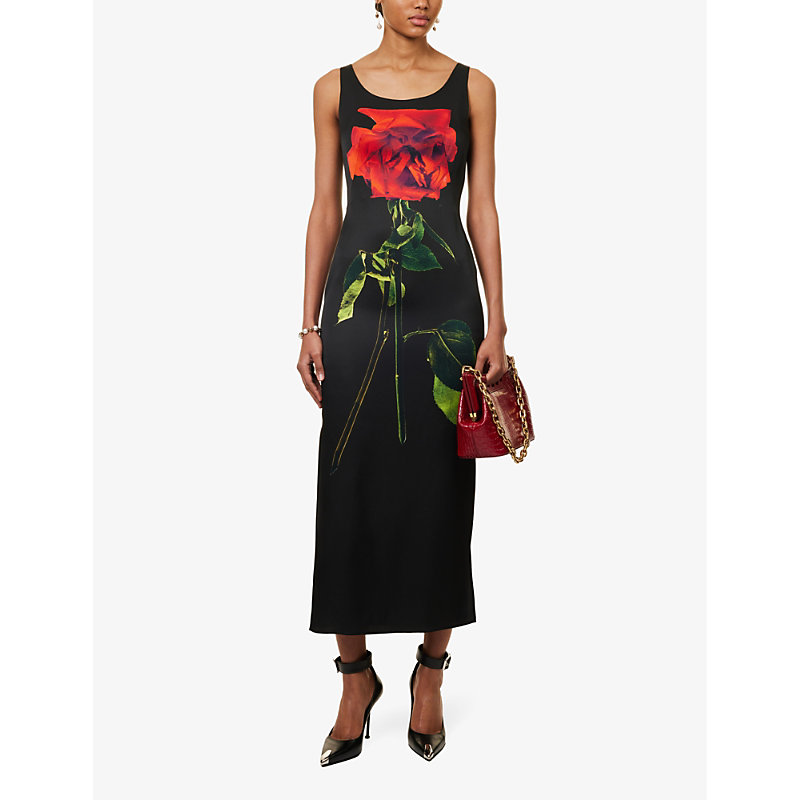 Shop Alexander Mcqueen Womens Black Rose Scoop-neck Silk-satin Midi Dress