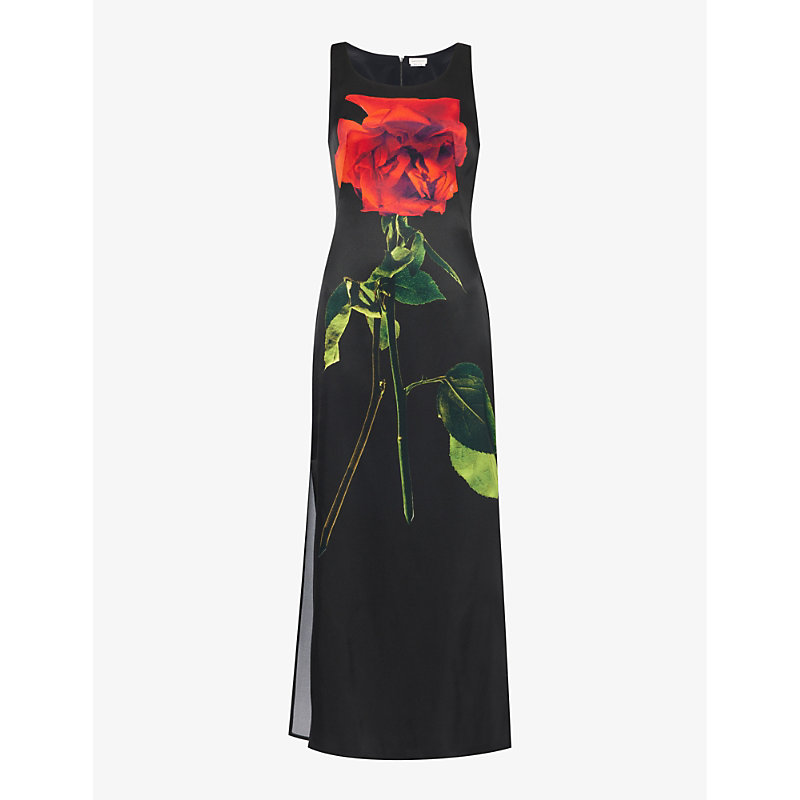 Shop Alexander Mcqueen Rose Scoop-neck Silk-satin Midi Dress In Black