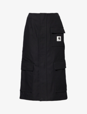 Shop Sacai X Carhartt Wip Women's Black Brand-patch Cotton-canvas Midi Skirt